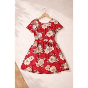 Roxy Red Floral Dress Open Back Tie Short Sleeve Summer Hawaiian Boho size M
